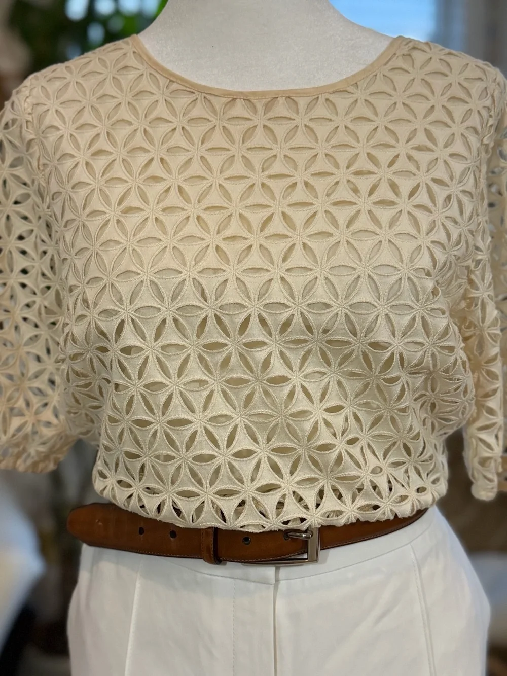 J.Crew Collection Pinwheel Eyelet Top S Ivory Cotton Silk Puff Sleeve Fall
